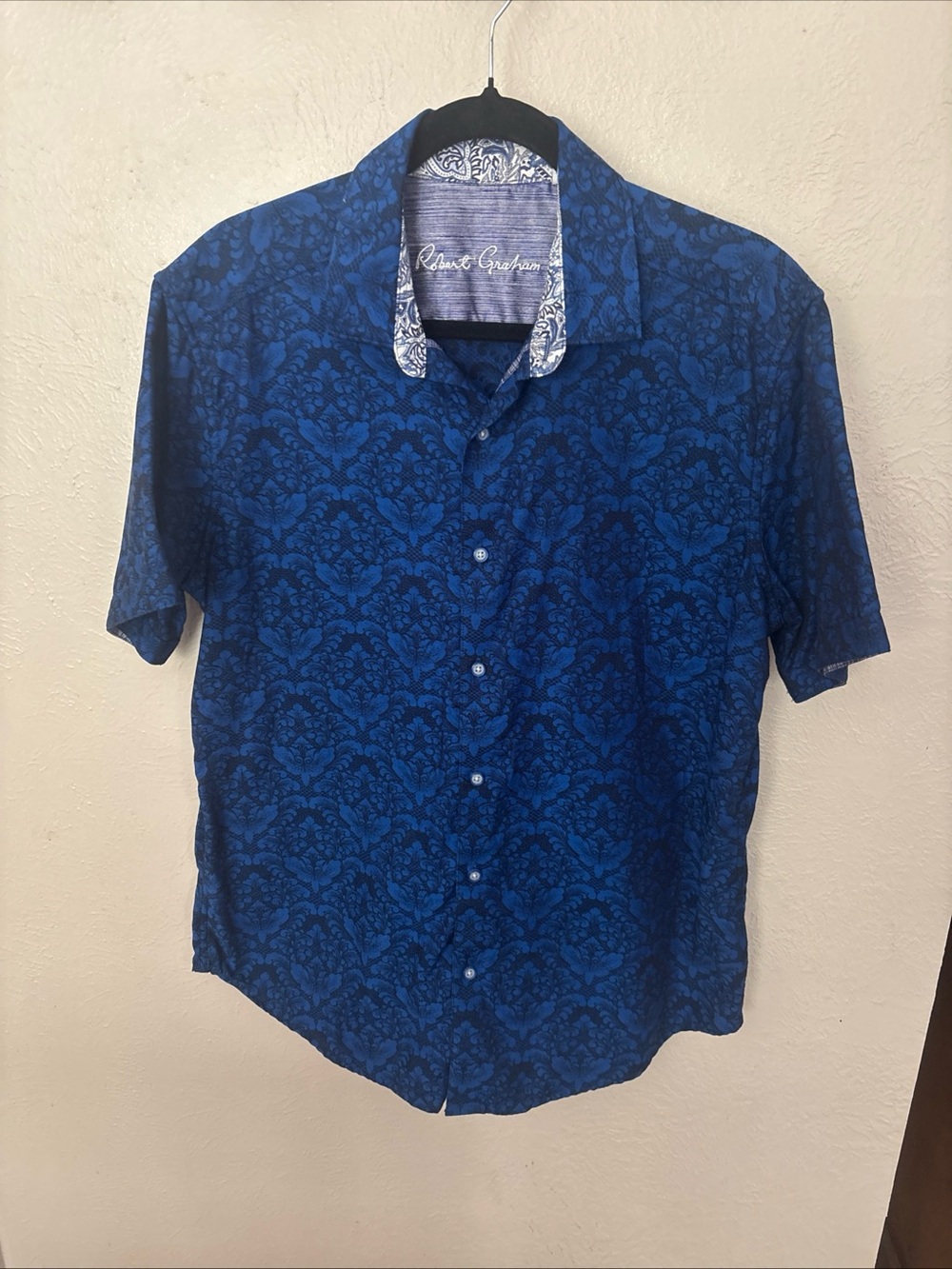 Robert Graham Blue Floral Damask Short-Sleeve Button-Down Shirt Size M